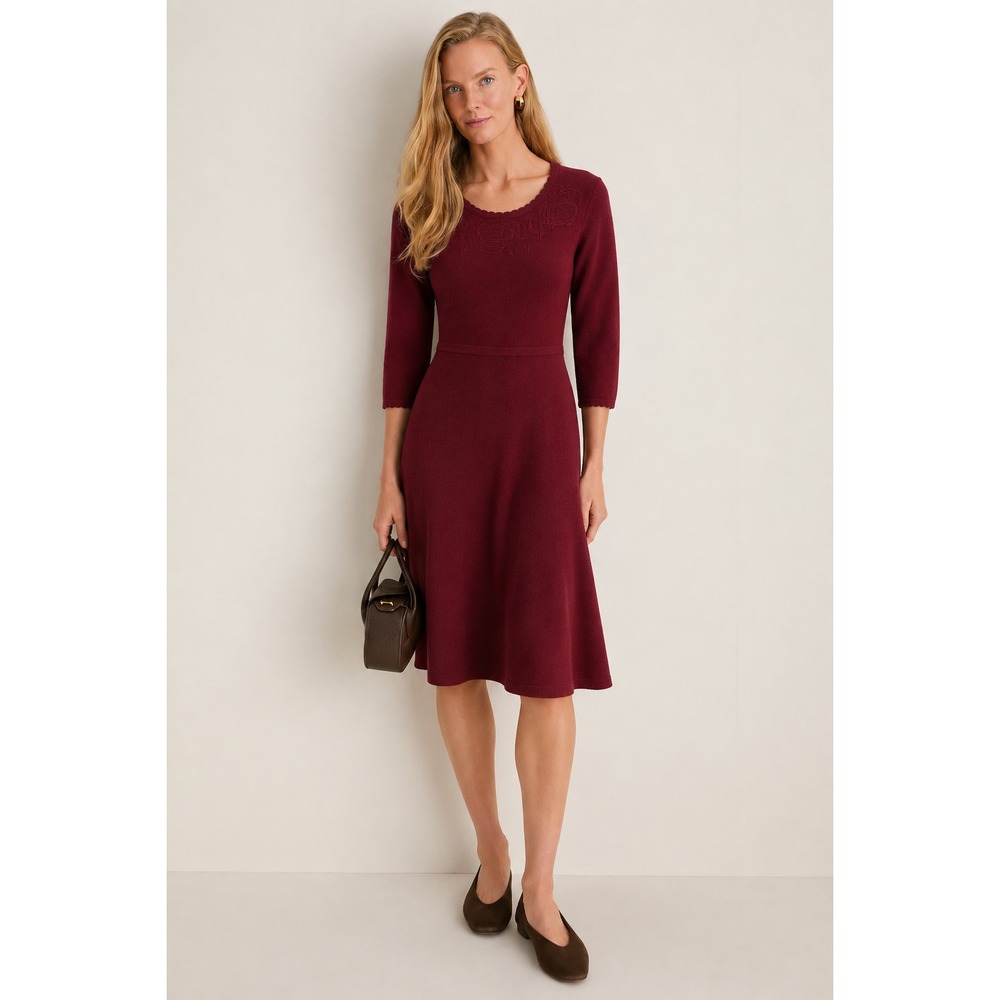 Talbots Merino Wool Sweater Dress Red Fit & Flare Floral Holiday Cocktail Sz S